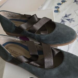 Hush Puppies Charcoal Suede Flats with Brown Elastic Cross Straps